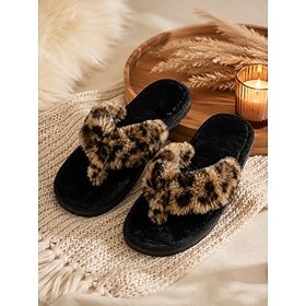Women's Leopard Faux Fur Toe Post Slippers, Cozy Fuzzy House Slippers with Plush Band Design, Soft Warm Indoor Shoes for Bedroom, Living Room, Winter Lounge We