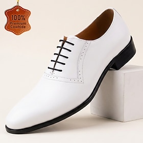 Men's Genuine Leather White Oxford Shoes, Sleek Lace-Up Dress Shoes with Contrast Black Sole for Modern Gentlemen, Weddings, Parties and Formal Occasions
