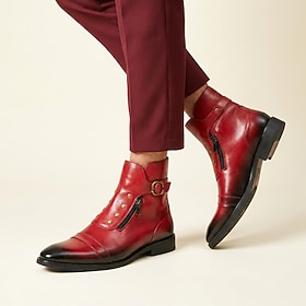 Men's Red Buckle Ankle Boots, Vintage Pointed-Toe Side-Zip Dress Boots for Fashion-Forward Men, Parties, Weddings and Evening Events