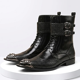 Men's Black Biker Boots, Pointed-Toe Lace-Up Ankle Boots with Triple Buckle Straps and Metal Toe Detail for Edgy Men, Motorcycle Riding, Concerts and Gothic St