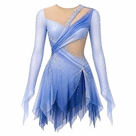 Figure Skating Dress Women's Ice Skating Dress Blue Patchwork Open Back Stretchy Training Competition Skating Wear Classic Crystal / Rhinestone Long Sleeve Ice