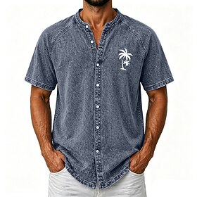 DenimTone™ Men's Shirt Casual Shirt Button Up Shirt Garment Dyed Acid Wash Shirt Pink Green khaki Gray Light Blue Short Sleeve Plain Grandad Collar Casual Dail