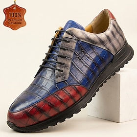 Men's Genuine Leather Crocodile-Embossed Lace-Up Shoes, Multicolor Luxury Casual Sneakers for Stylish Men, Travel, Parties and Weekend Wear