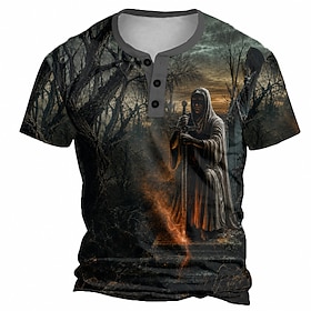 Men's Halloween Dark T Shirt Henley Shirt Short Sleeve Designer Retro Vintage Casual Daily Street Summer Spring Fall Blue Red Orange Henley Henley T-Shirt