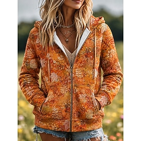 Women's Zip Up Hoodies Front Pocket Floral Graphic Casual Long Sleeve Hooded Regular Tops Casual Holiday Orange Fall Winter