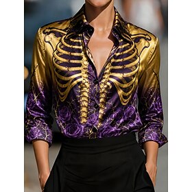 Halloween Women's Shirt Buttons Print Floral Graphic Skull Elegant Vintage Daily Long Sleeve Shirt Collar Regular Tops Casual Daily Office Black Red Purple Sum