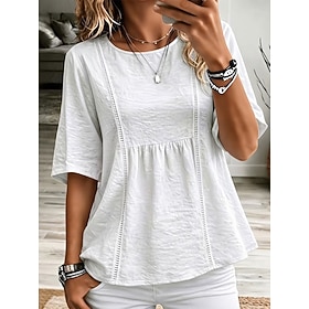 Women's Casual Shirt Summer Tops Patchwork Hollow Out Solid Color Elegant Vacation Tropical Short Sleeve Crew Neck Long Tops Casual Blue White Summer Spring Fa