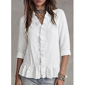 Women's Shirt Casual Shirt Button Up Shirt Ruffle Solid Color Plain Vacation Fashion Daily Long Sleeve V Neck Regular Tops Beach Wedding Casual Daily Blue Whit