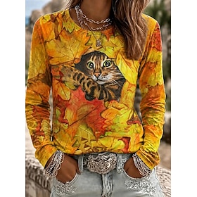 Women's T Shirt Print Graphic Animal Cat Vintage Stylish Classic Long Sleeve Crew Neck Regular Tops Casual Daily Yellow Spring Fall Winter MAO