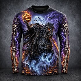 Men's Pumpkin Creepy Clown Skeleton T Shirt Long Sleeve T shirt 3D Print Crew Neck Shirt Fashion Exaggerated Casual Daily Street Black 1 Black Black 2 Summer S