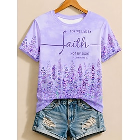 Women's 100% Cotton T Shirt Print Floral Graphic Letter Vintage Stylish Classic Short Sleeve Crew Neck Regular Tops Casual Daily Weekend Purple Green Apricot S