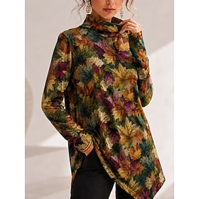 Halloween Women's T Shirt Print Asymmetrical Asymmetrical Hem Floral Graphic Plants Elegant Stylish Casual Long Sleeve Turtleneck High Neck Long Tops Casual Da