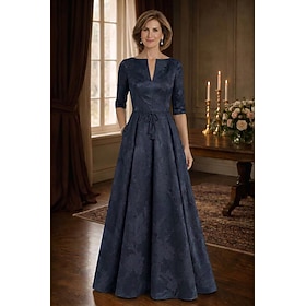 A-Line Floor Length Wedding Guest Dress Formal Dresses Flare Dress Mother of the Bride Dress Half Sleeve V Neck Elegant Vintage Formal Jacquard with Bow(s)