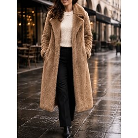Women's Long Coat Faux Fur Coat Windproof Warm Open Front Fashion Daily Peaked Lapel Long Sleeve Outerwear White Light Yellow Khaki Fall Winter