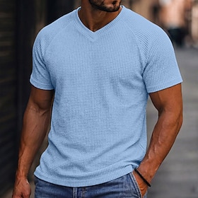 Men's Waffle T-shirt Tee Top Short Sleeve V Neck Summer Spring Fall Solid Color Fashion Designer Casual Raglan Sleeves Casual Daily Outdoor White Light Blue Bl