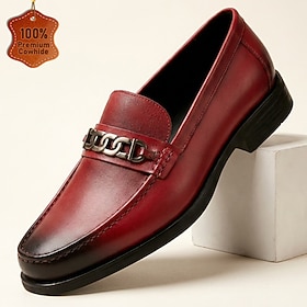 Men's Premium Genuine Leather Chain Loafers, Burgundy Luxury Slip-On Dress Shoes for Businessmen, Parties, Weddings and Formal Events