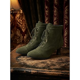 Women's Green Suede Victorian Boots - Vintage Lace-Up Ankle Louis Heel Shoes for Tea Parties, Cosplay  Retro Outfits