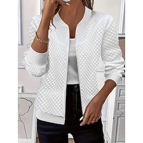 Mulheres Jaquetas texturizadas Zip Up Patchwork Casual Manga Longa Decote Redondo Tops regulares Azul Branco Preto Azul Marinha Violeta Outono Inverno
