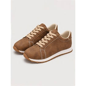 Women's Brown Casual Lace-Up Sneakers, Round Toe Low Top Walking Shoes With Non…