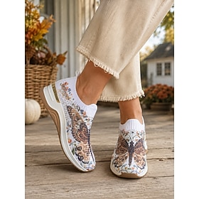 Women's Khaki Butterfly Print Knit Wedge Slip-On Sneakers, Rhinestone Embellish…