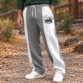 Men's Sweatpants Trousers Straight Leg Sweatpants Drawstring Pocket Elastic Waist Color Block Mountain Forest Black Bear Circle Badge Comfort Full Length Daily
