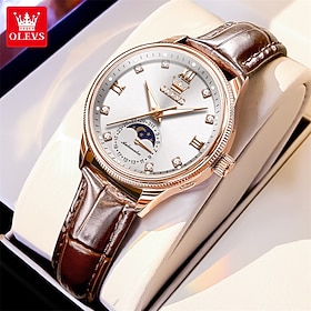 OLEVS Women's Mechanical Watch Genuine Leather Strap Leather Strap Luminous Hands Moon Phase Fashion Business Casual Sport Wristwatch for Women Christmas Birth