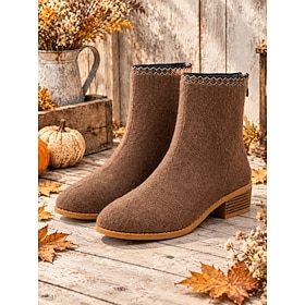 Botines de mujer color caqui de tacón bajo: botines casuales y cómodos con aspecto de lana y cremallera trasera, botas cortas y cálidas para días de nieve, via