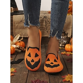 Women's Orange Pumpkin Face Wide Fit Knit Flats, Slip-On Halloween Walking Shoe…