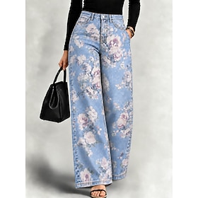 Jeans de mujer de mezclilla y mezcla de algodón, pierna ancha, estilo vacaciones, vintage, básicos, largos, cintura alta, estampado floral, cómodos, cómodos, i
