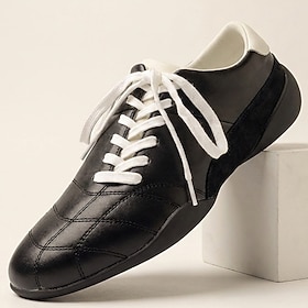 Men's Black And White Lace-Up Casual Shoes, Minimalist Contrast-Color Walking S…