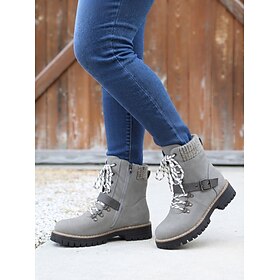 Women's Gray Knit Collar Combat Boots, Lace Up Boots With Side Zipper, Buckle S…