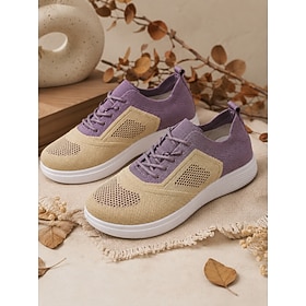 Zapatillas deportivas de mujer con cordones y bloques de color en punto: calzado ligero y transpirable para caminar, zapatillas casuales bicolor, zapatillas de