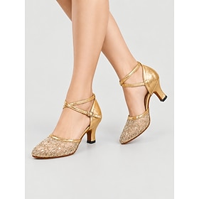 Women's Ballroom Shoes  Modern Dance Shoes, Gold Mesh Lace Latin Dance Heels with Ankle Strap and Low Heel Design, Elegant Practice  Competition Shoes for Wome