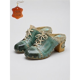 Zapatos de tacón tipo mule de piel auténtica verde para mujer – zuecos vintage de piel de vaca con punta cerrada y detalles de tachuelas, zapatos retro sin tal