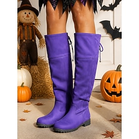 Women's Purple Knee-High Boots, Pull-On Tall Riding Boots with Adjustable Drawstring, Round Toe and Low Heel, Halloween Costume Boots for Parties, Cosplay Fal