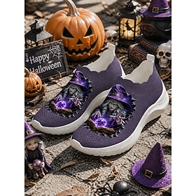 Women's Halloween Purple Flyknit Slip On Shoes With Witch Graphic Print, Lightw…