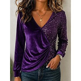 Women's Velvet Sequin Tops Ruched Patchwork Elegant Long Sleeve V Neck Holiday Silver Black Red Royal Blue Purple Spring, Fall, Winter, Summer