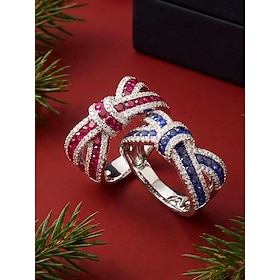Women's Crystal Bow Ring, Alloy Rhinestone Ribbon Knot Ring with Red and Blue Sparkling Stones, Elegant Statement Jewelry for Christmas Holiday Parties, Weddin