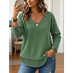 Women's Denim Blouse Denim Shirt T Shirt Fringe Vintage Daily Stylish Long Sleeve V Neck Regular Tops Casual Outdoor Streetwear Green Spring Fall Winter