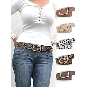 Women's Matte Faux Leather Belt, Minimalist Square Buckle Fashion Waist Belt in Multiple Colors, Leopard Print and Cow Print Casual Belt for Jeans, Dresses, Pa