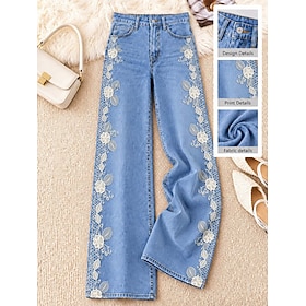 Women's Demin Cotton Blend Wide Leg Jeans Chinos Vacation Vintage Basic Full Length High Waist Floral Graphic Geometric Print Breathable Inelastic Daily Daily