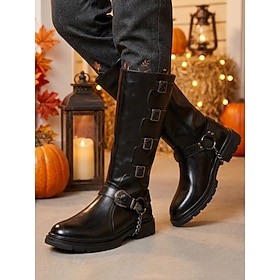 Men's Black Mid-Calf Biker Boots, Multi-Buckle Motorcycle Boots with Side Zipper and Rugged Non-Slip Sole for Edgy Men, Riding, Halloween and Streetwear