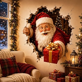Christmas Break-in 3D Wall Decal, Peel and Stick Holiday Wall Sticker, Realistic PVC Christmas Decoration with Santa, Snowman, Gingerbread, Nutcracker, Dog Tr