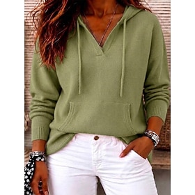 Women's Sweater Pocket Solid Color Plain Elegant Vintage Fashion Long Sleeve V Neck Hooded Long Tops Casual Holiday Blue Yellow Red Green Dark Gray Spring Fall
