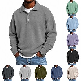 Men's Waffle Polo Shirts Textured Casual Daily Lapel Long Sleeve Streetwear Cool Plain Classic Style Textured Fall Spring Fall Regular Army Green Purple Ligh