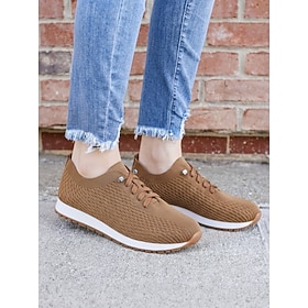 Women's Brown Lightweight Knit Lace-Up Walking Shoes, Comfortable Everyday Casu…
