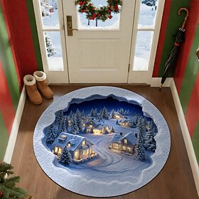 Christmas Rugs Door Mat, 3D Optical Illusion Snowy Village Round Area Rug, Winter Wonderland Holiday Floor Mat for Entryway Living Room Bedroom Indoor Home Dec