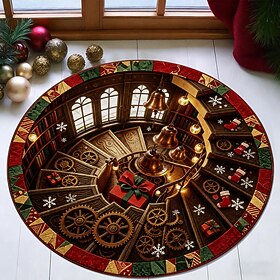 Christmas Rugs Door Mat, 3D Optical Illusion Steampunk Clock and Gears Round Area Rug, Vintage Holiday Floor Mat for Entryway Living Room Bedroom Indoor Home D