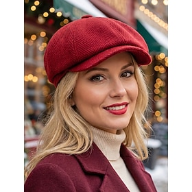 Women's Wool Blend Solid Color Beret Cap, Vintage Minimalist Autumn Winter Newsboy Hat for Christmas, Daily Wear, Travel, Brunch, Holiday Parties and Outdoor C