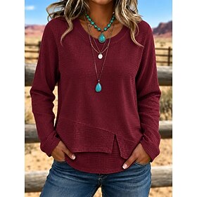 Women's Waffle T-shirt T Shirt White Cotton Top Patchwork Textured Solid Color Stylish Casual Long Sleeve Crew Neck Round Neck Long Tops Casual Daily White Win